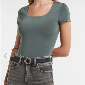 🌿 Body Contour Double Layer Scoop Neck Thong Bodysuit in Basil